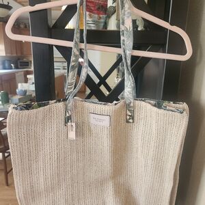 Victoria's Secret Cream Woven Tote Bag with Floral Straps
